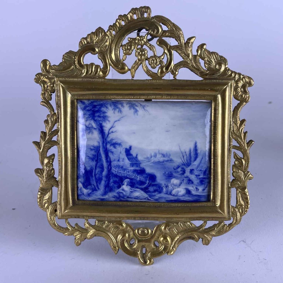 Pair Of Enamel Plaques Painted With Blue Landscapes And Figures 1700s-photo-2