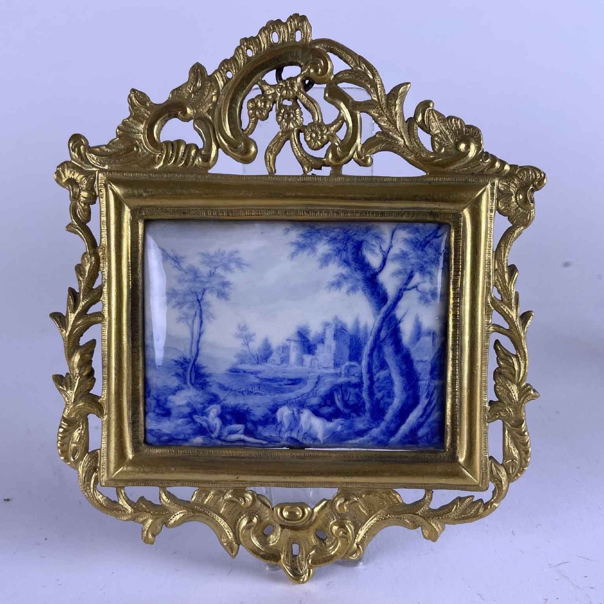 Pair Of Enamel Plaques Painted With Blue Landscapes And Figures 1700s-photo-1