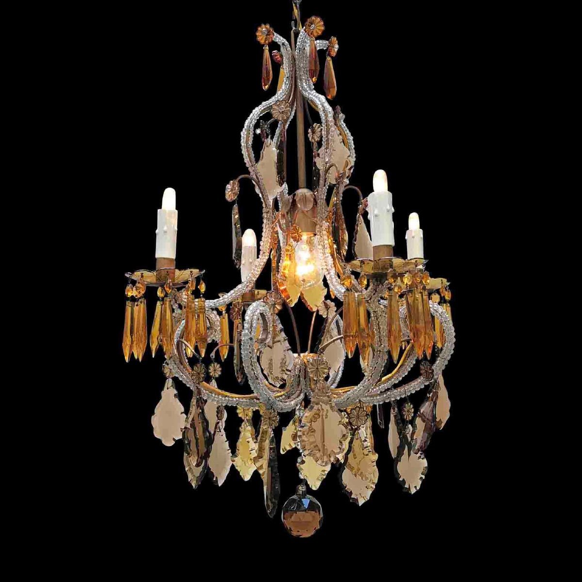 20th Century Italian Beaded Crystal Chandelier With Amber And Grey Colored Drops-photo-2