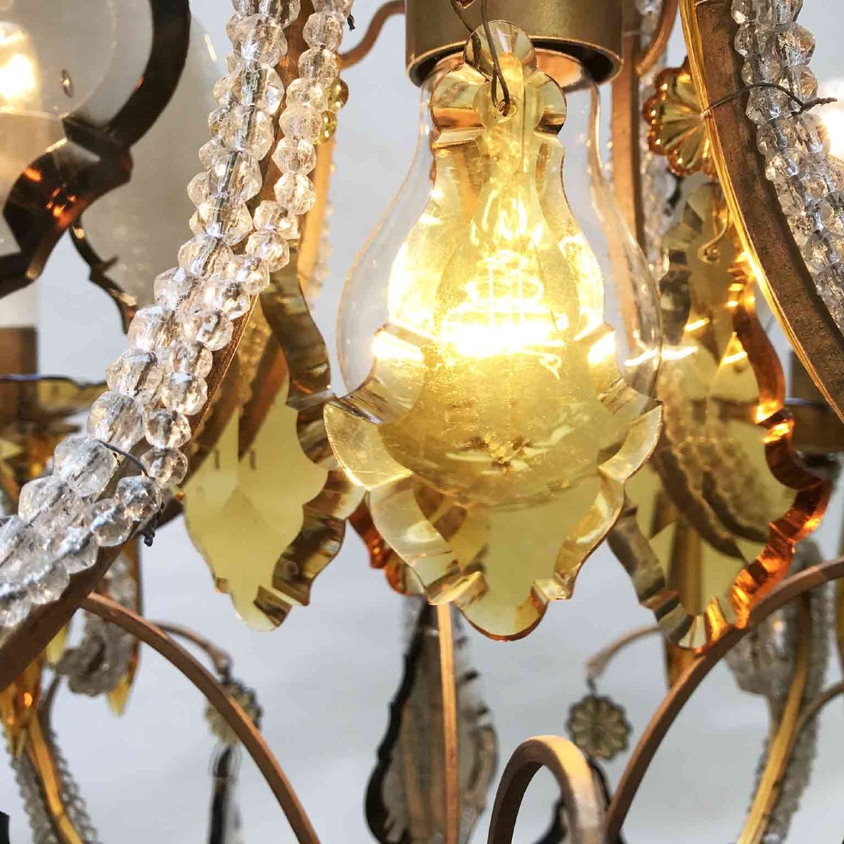 20th Century Italian Beaded Crystal Chandelier With Amber And Grey Colored Drops-photo-8