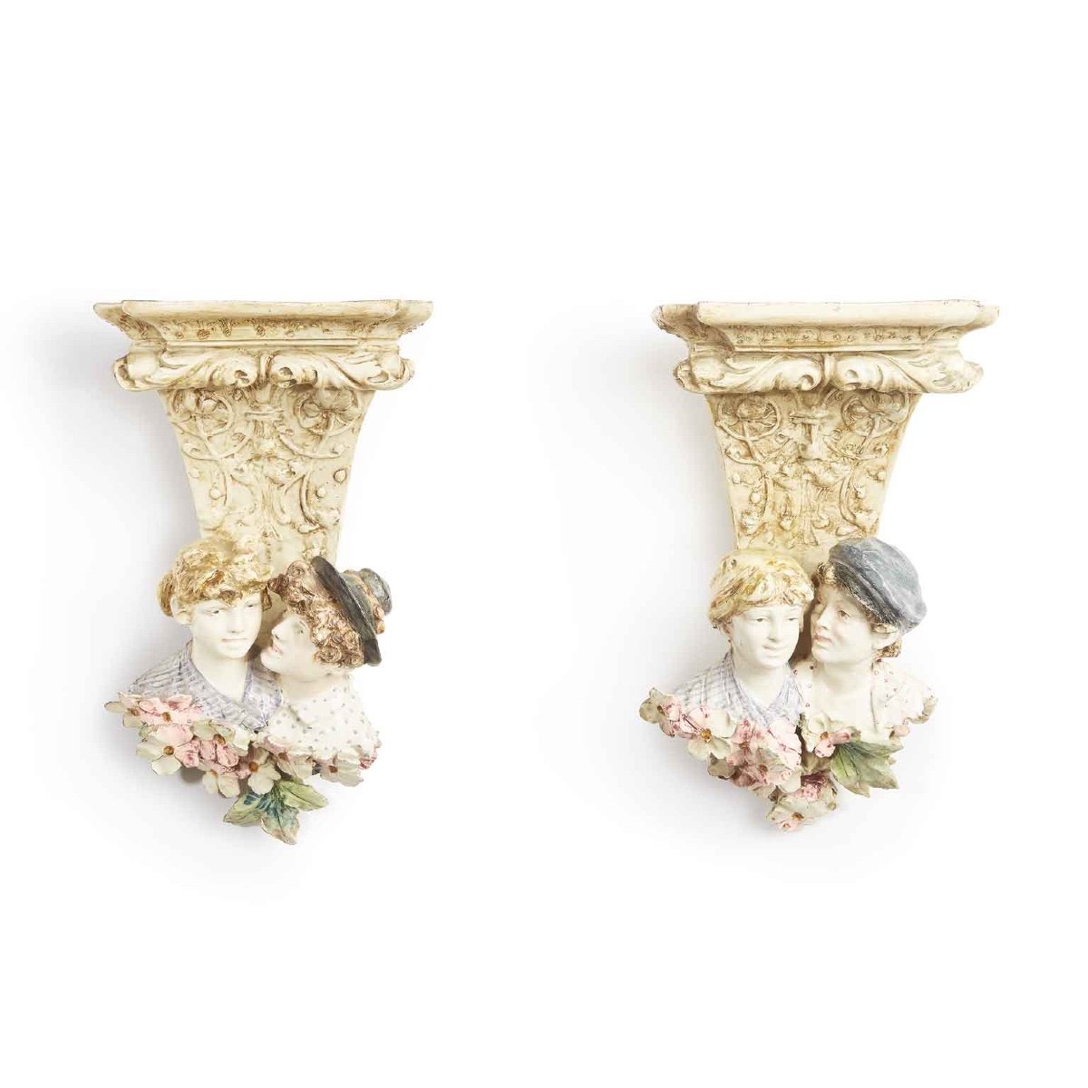 Pair Of Italian Art Nouveau Wall Brackets With Figures And Flowers 20th Century