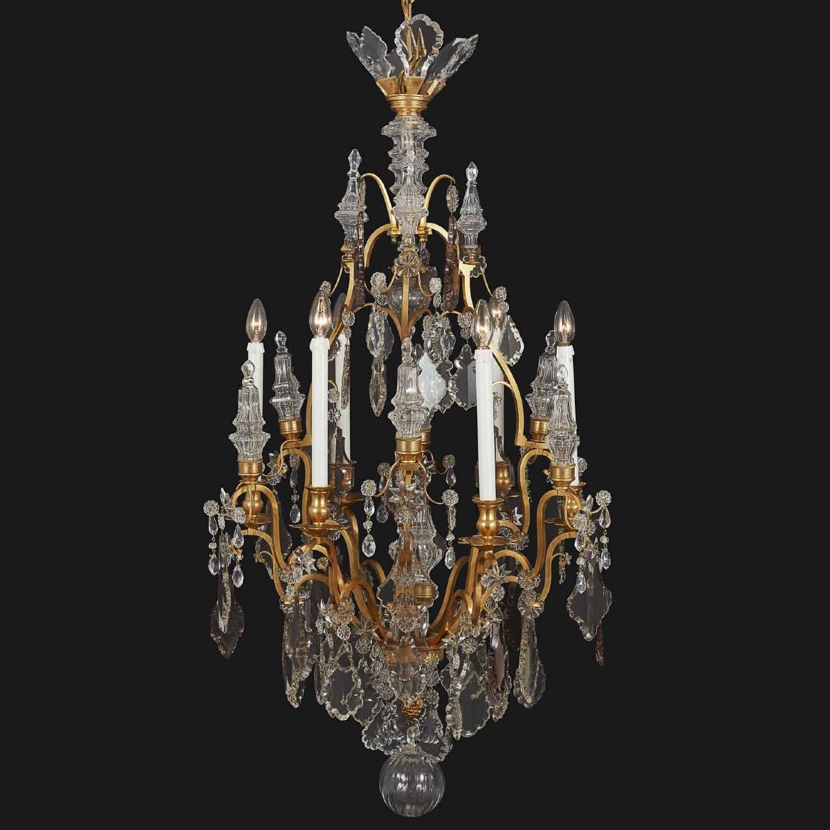  Early 20th Century French Empire Chandelier Ormolu With Crystal Spires-photo-3