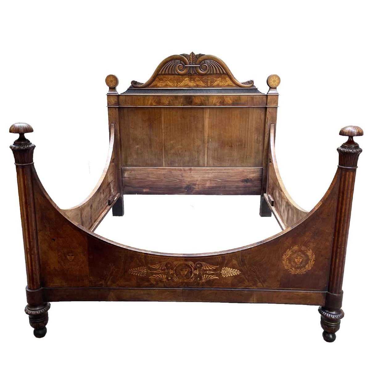 19th Century Italian Carved Walnut And Burl Queen Bed With Inlays-photo-2