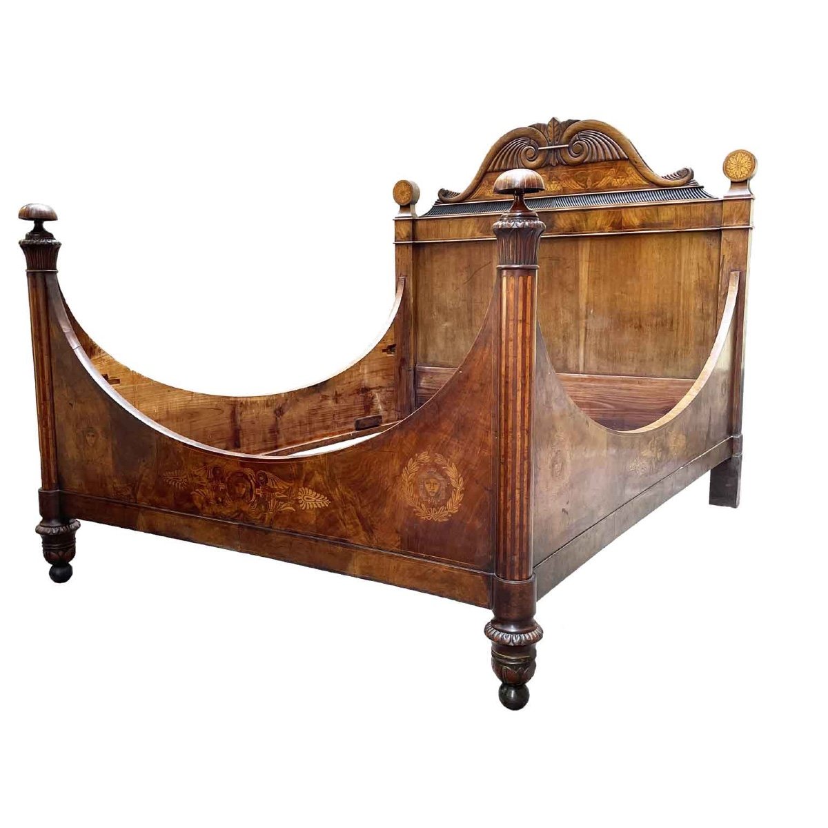 19th Century Italian Carved Walnut And Burl Queen Bed With Inlays-photo-3