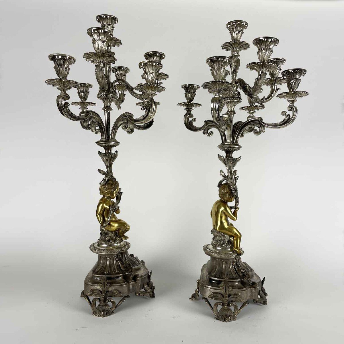 Pair Of Eight-armed Candelabras 19th Century Italian Silvered And Gilded Bronze Candle Sticks-photo-2