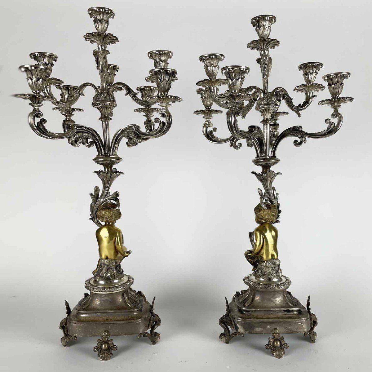 Pair Of Eight-armed Candelabras 19th Century Italian Silvered And Gilded Bronze Candle Sticks-photo-3