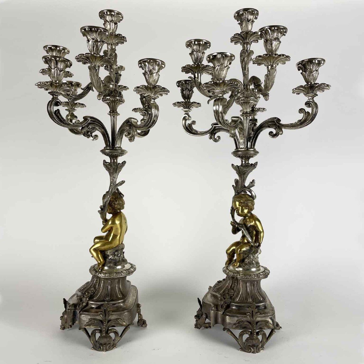 Pair Of Eight-armed Candelabras 19th Century Italian Silvered And Gilded Bronze Candle Sticks-photo-4