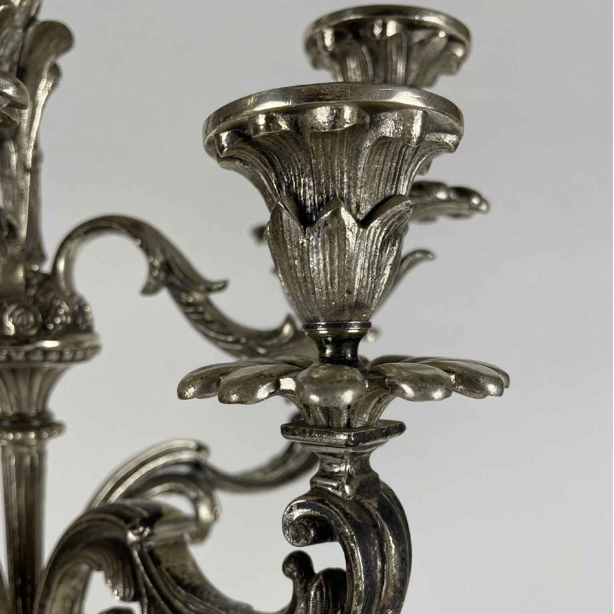 Pair Of Eight-armed Candelabras 19th Century Italian Silvered And Gilded Bronze Candle Sticks-photo-7