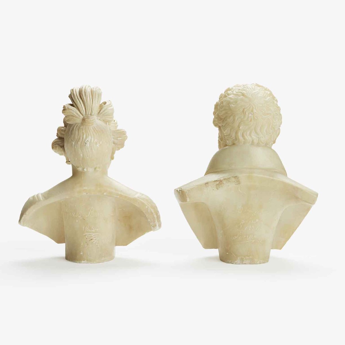 Pair Of Figural Busts 1834 Livorno Alabaster Sculptures Signed Giuseppe Benassai -photo-4