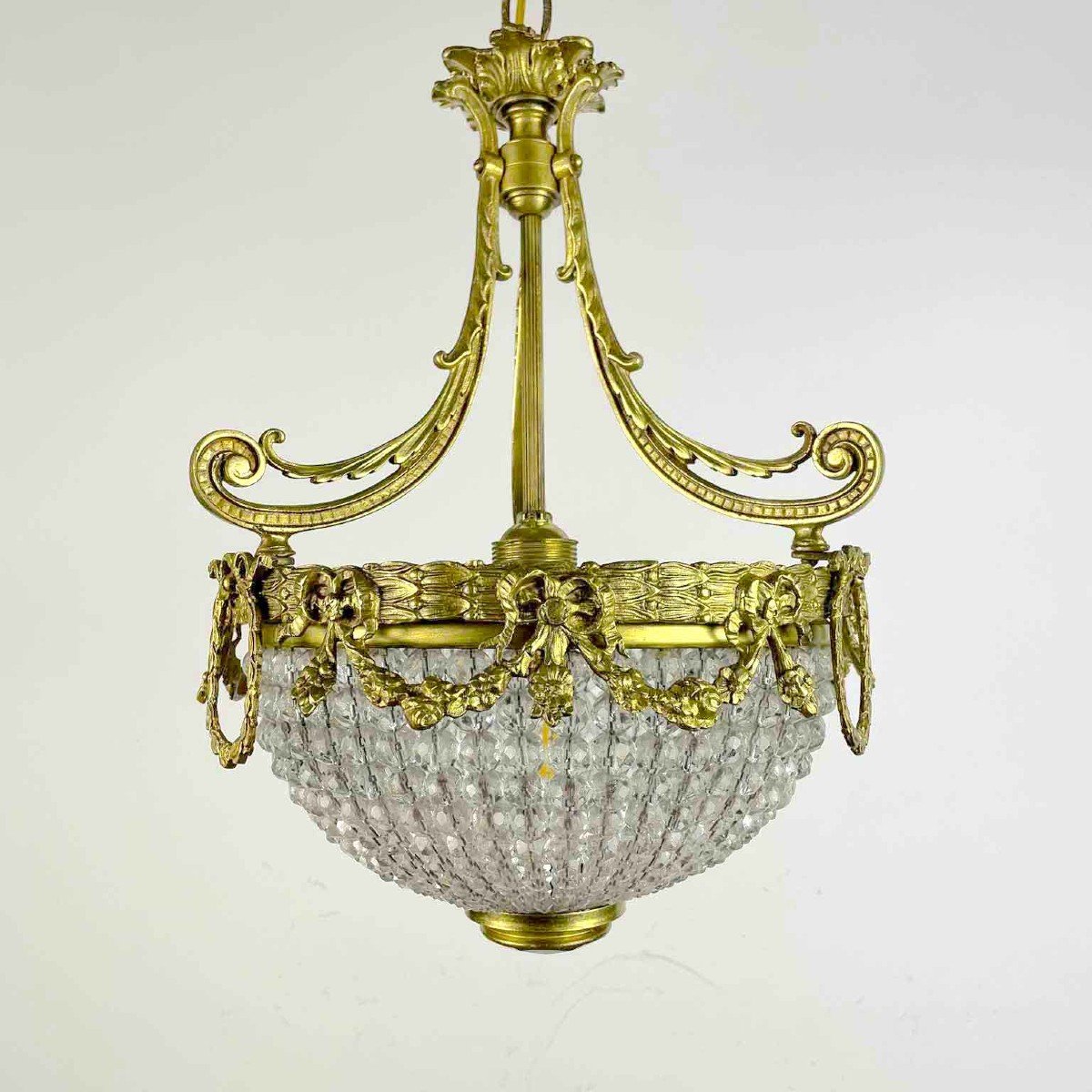 French Bronze Crystal Beaded Basket Chandelier Early 1900s-photo-2