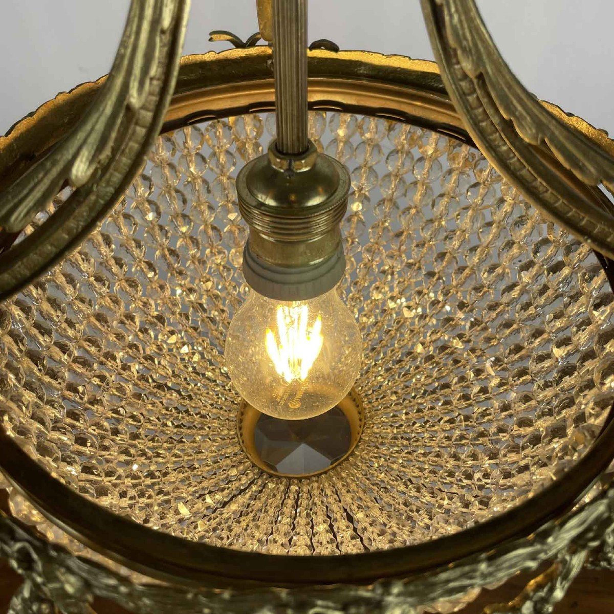 French Bronze Crystal Beaded Basket Chandelier Early 1900s-photo-5