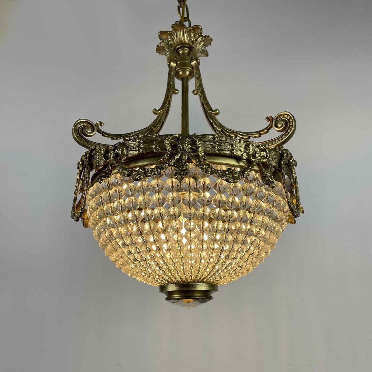 French Bronze Crystal Beaded Basket Chandelier Early 1900s-photo-8