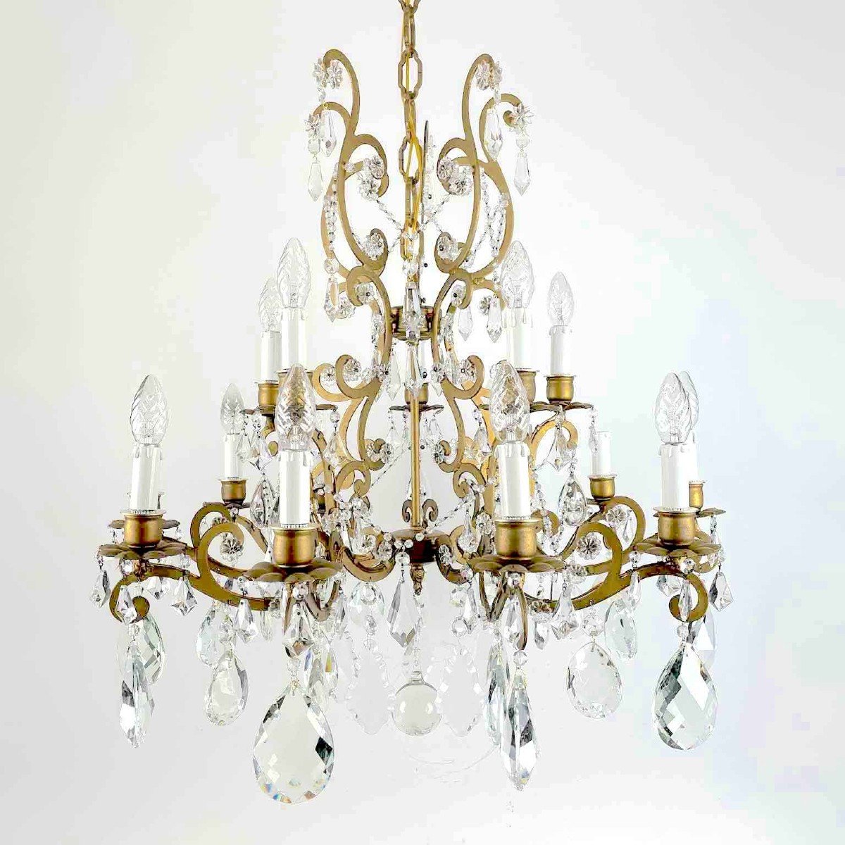 Italian Crystal And Gilded Iron Fifteen-light Chandelier 1950s Marie-therese Style-photo-2