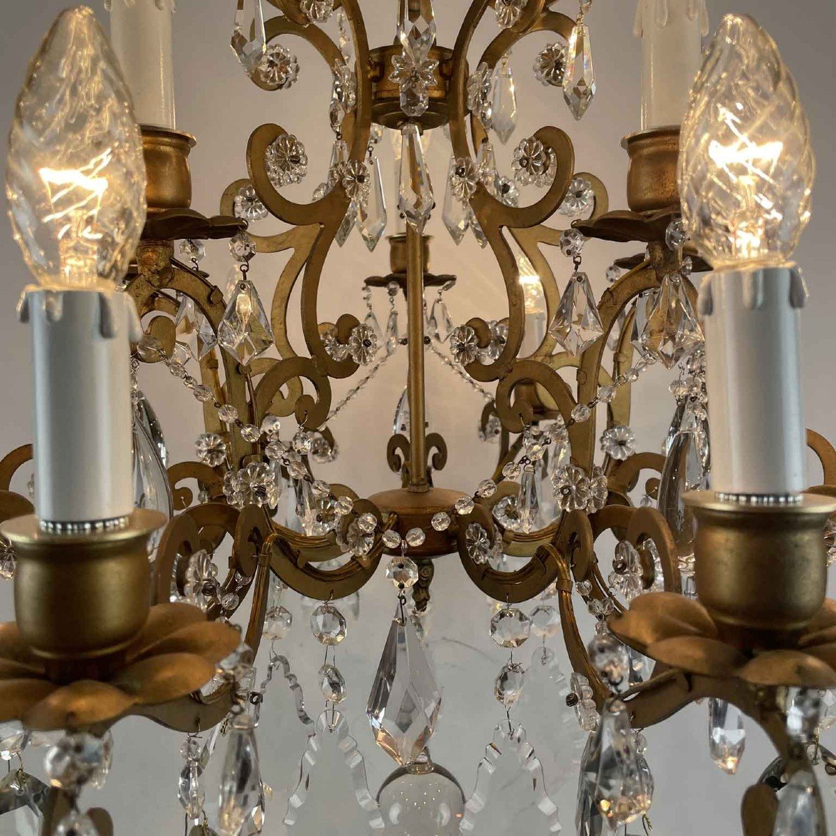 Italian Crystal And Gilded Iron Fifteen-light Chandelier 1950s Marie-therese Style-photo-4