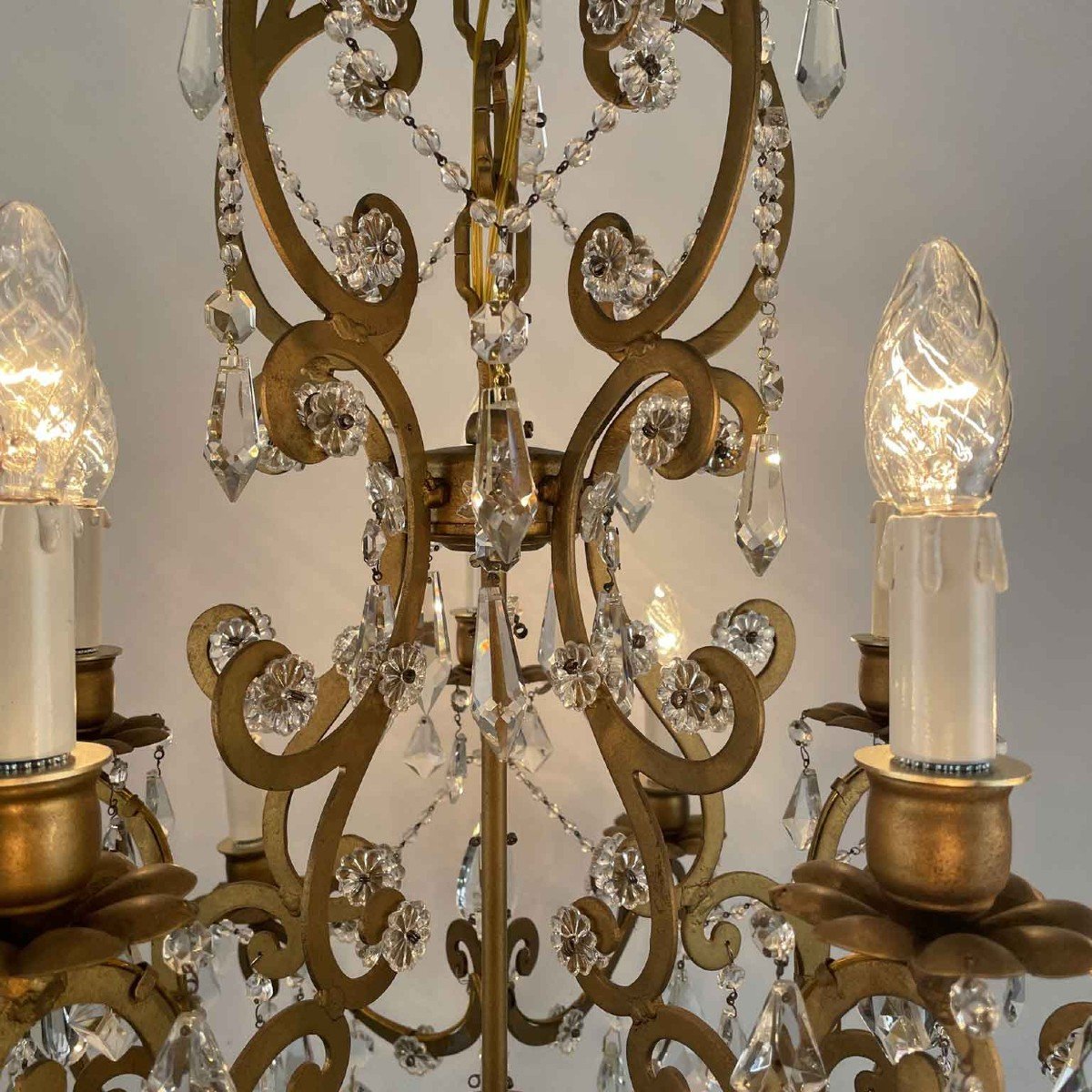 Italian Crystal And Gilded Iron Fifteen-light Chandelier 1950s Marie-therese Style-photo-1