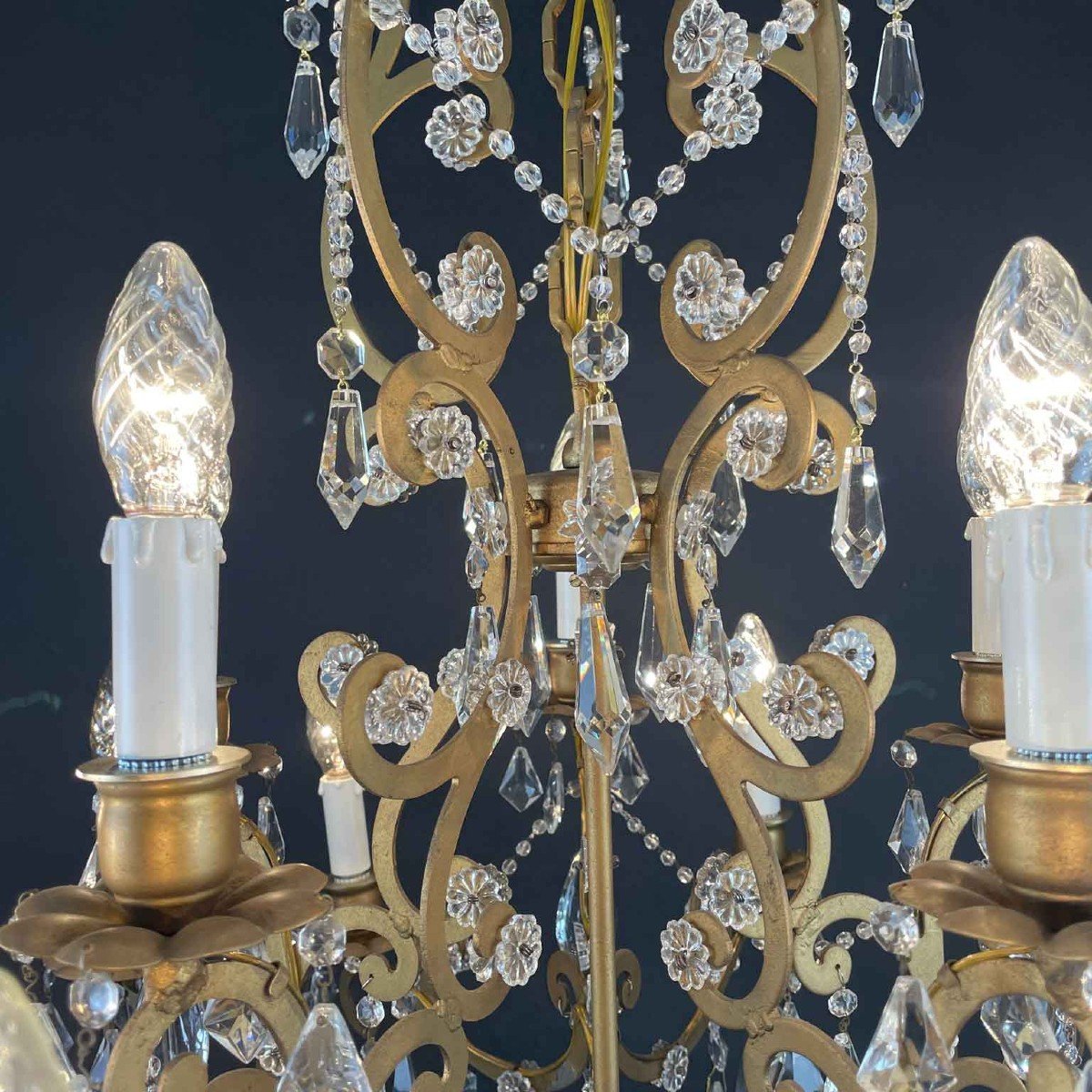 Italian Crystal And Gilded Iron Fifteen-light Chandelier 1950s Marie-therese Style-photo-4