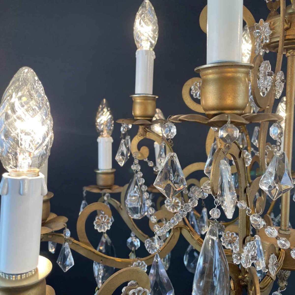 Italian Crystal And Gilded Iron Fifteen-light Chandelier 1950s Marie-therese Style-photo-5