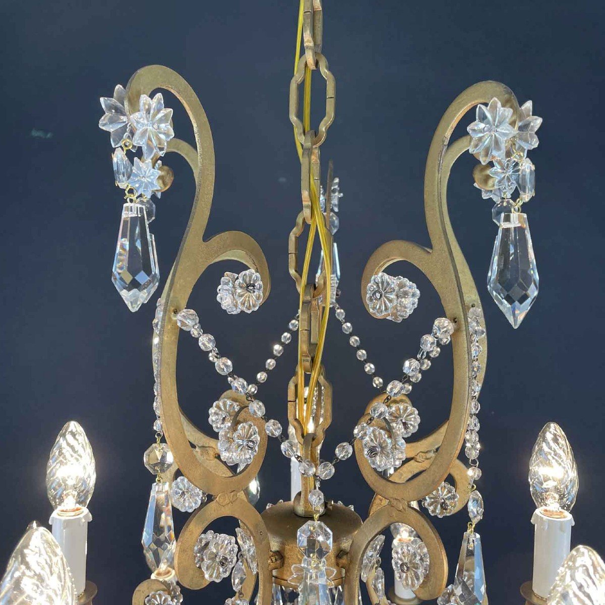 Italian Crystal And Gilded Iron Fifteen-light Chandelier 1950s Marie-therese Style-photo-6