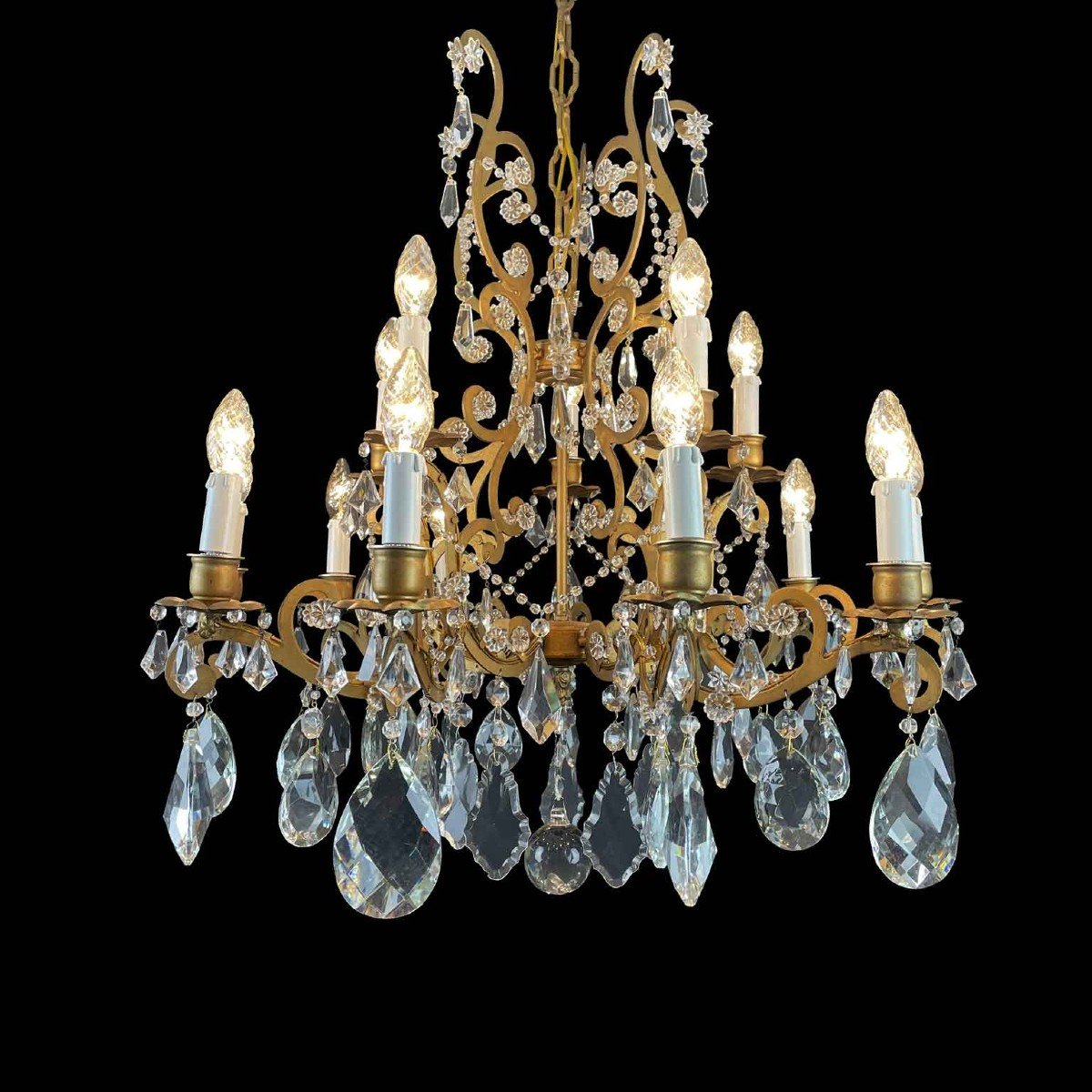 Italian Crystal And Gilded Iron Fifteen-light Chandelier 1950s Marie-therese Style