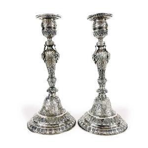20th Century Pair Of Swiss Silver Candlesticks With Native American Indian Heads