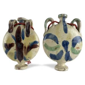 Paire De Flacons De Pèlerin  En Ceramique 19ème