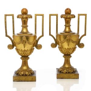 Pair Of Large Empire 18th Century Gilt-wood Vases From Italy Portapalme Lamps