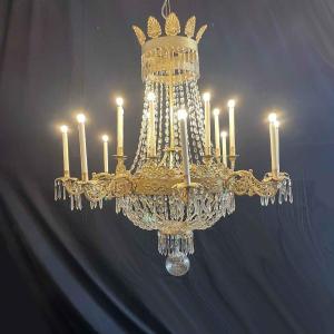 Grand Lustre Empire Italien Seize Lumières Fer Doré Et Cristal Fin 18éme  