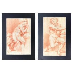 Pair Of Italian Drawings After Procaccini Academic Studies Of Nude Male 1780s
