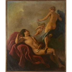 Cupid And Psyche Large Size Mythological Italian Painting Mid-20th Century