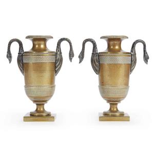 Pair Of Empire Bronze Vases With Swan Handles From The Early 1800s