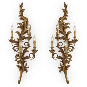 Pair Of Large Florentine Louis XV Style Gilded Appliques 1990 Rocaille Carving By Chelini 