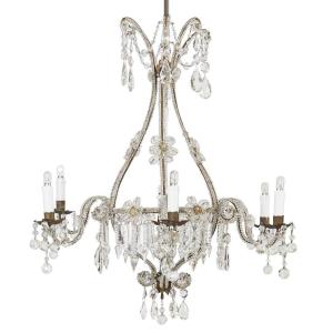 Early 20th Century Italian Beaded Crystal Flower Chandelier With Gilt Buttons