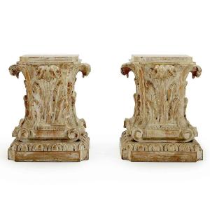 Paire De Chapiteaux  Basestones Pour Tables Basses Sculptés De Feuilles d'Acanthe Florence 1900