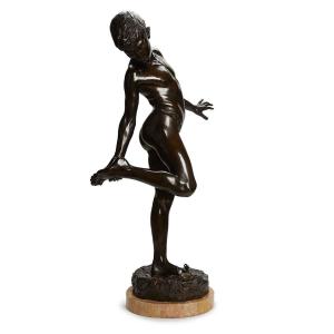 Italian Large Bronze Sculpture The Crab Bite Seminude Young Boy By De Lotto 20th Century