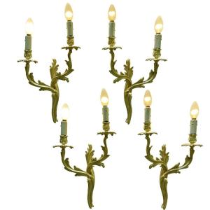 Four Italian Gilt Bronze Sconces Louis XV Style 1950 Circa