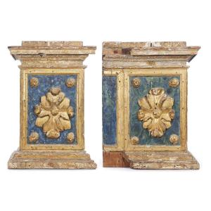 	 17th Century Italian Baroque Architectural Bases Carved Giltwood Elements Pair