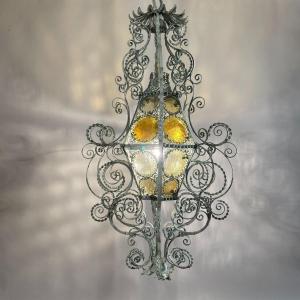 Italian Wrought Iron Lantern Light Green Finish Amber Glasses Early 1900s