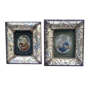 Pair Of Italian Silk Frames 18th Century With Embroideries And Salt Dough Saints 