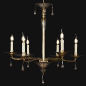 Italian Venetian Murano Chandelier 1920s Six Armed Rigadin Blown Fume Glass