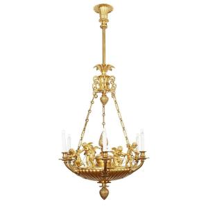 20th Century Empire Italian Chandelier Gilded Bronze With Putti 