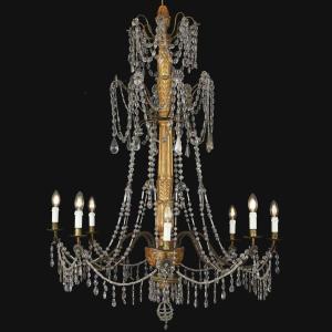 Lustre Génois Louis XVI En Bois Doré Et Cristaux Fin 18ème Huit Lumières