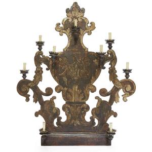 Grande Applique Italienne  à Neuf Lumières Début 19ème En Bois Argenté