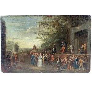 17th Century Flemish Old Master Painting On Copper Italian Comedy Scene