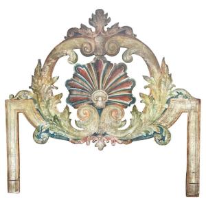 1950s Italian Double Bed Headboard Hand-painted With Shell And Foliate Scrolls