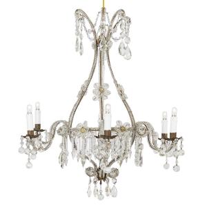 Lustre Italien Debut 20ème Siècle En Cristal Perlé Avec Boutons Dorè