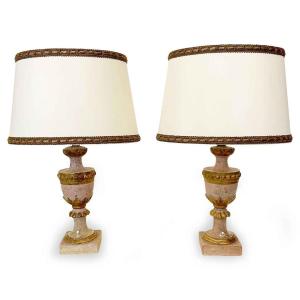 Paire De Lampes De Chevet Italienne Doré Et Laquées Rose Pâle 19ème