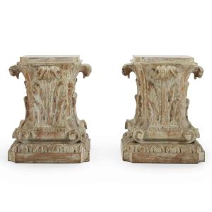 Pair Of Italian Florentine Wooden Capital Pedestals Or Table Bases 1900s