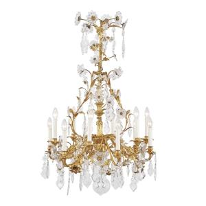 19th Century French Gilt Bronze And Crystal Twelve-branch Floral Chandelier 