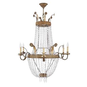 19th Century Italian Empire Beaded Crystal Chandelier Six Light Brass And Iron Structure