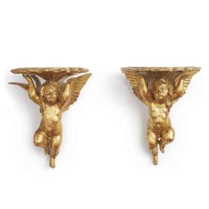 Pair Of 19th Century Italian Carved And Gilded Putti Brackets